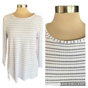 Chico's White Gray Stripe Asymmetric Button Detail Knit Top LARGE Coastal Casual